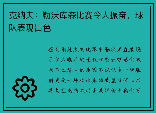 克纳夫：勒沃库森比赛令人振奋，球队表现出色